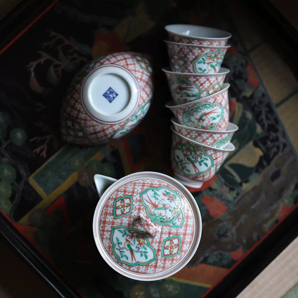 日本陶瓷名家四世三浦竹泉造赤绘花鸟纹煎茶器套组宝瓶公杯品杯-Taobao