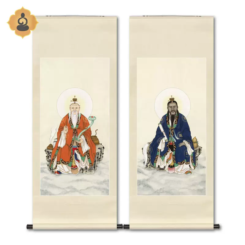 翁圖仮表装掛軸/仙嶺筆 新中式卷軸工筆神仙人物國畫無框雙聯水陸畫掛畫裝飾