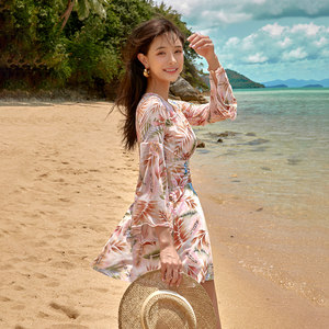 
Quick-drying skirt-style long-sleeved bikini three-piece set sun protection with steel support covering the belly at sea vacation hot spring women's swimming suit