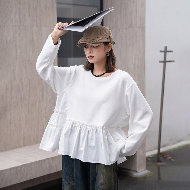 European Station 2024 autumn new simple A-line waist-hugging solid color shirt splicing pullover versatile solid color shirt