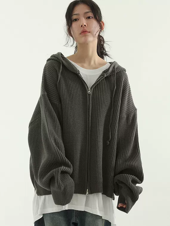 oversize hand warmer knit hood zip-up (unisex)-Taobao