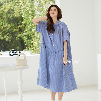 
Weiyu large size women's fat mm plaid dress 2025 summer new small stand collar short sleeve loose shirt skirt