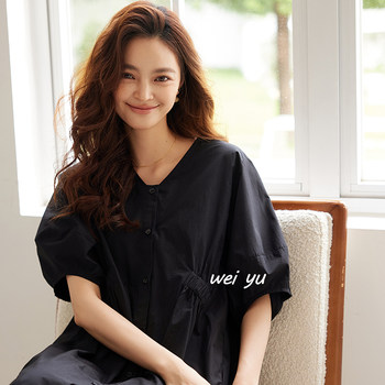 Weiyu large-size women's high-end skirt 2025 summer new V-neck lantern short-sleeved waist-hugging cardigan dress
