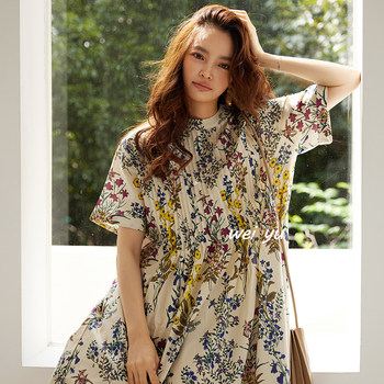 Weiyu large size women's floral fat mm temperament long skirt 2025 summer new loose short-sleeved French dress
