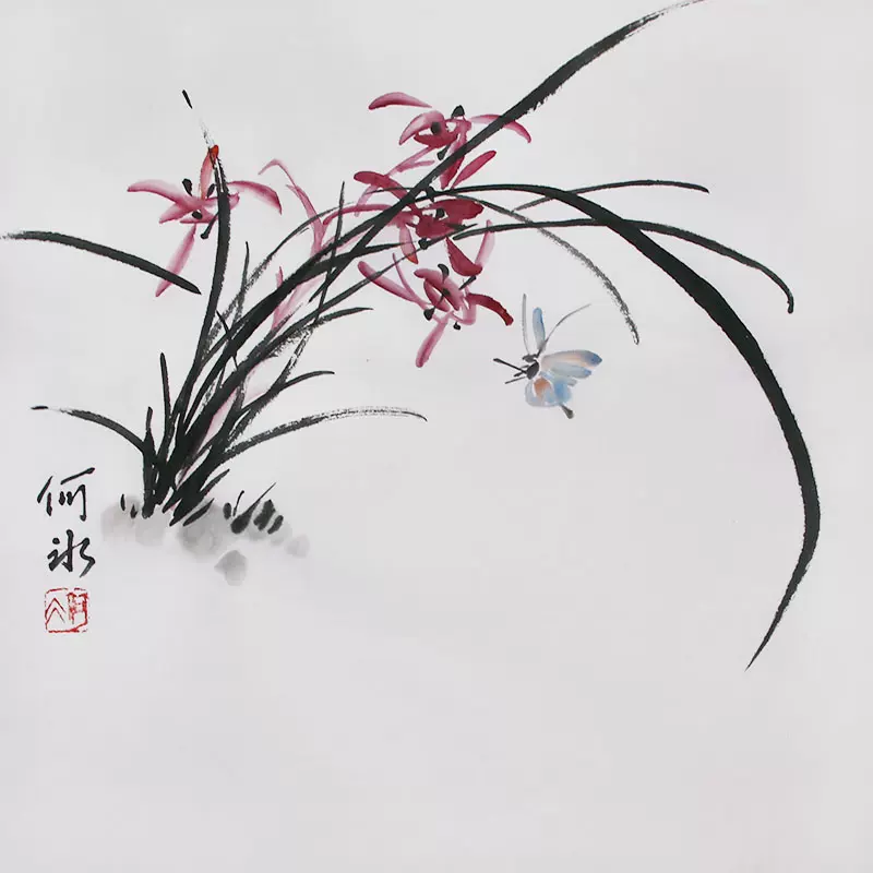 紙本 墨彩（白蘭花）落款印有 原画 A*送料無料*手描き