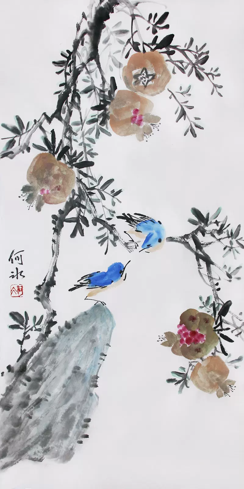 中国古美術・花鳥純手描き四条屏画芯・水墨画・斉白石印款・肉筆・宣紙・国画・木箱付 中国古美術・花鳥純手描き四条屏画芯・水墨画・斉白石印款・肉筆