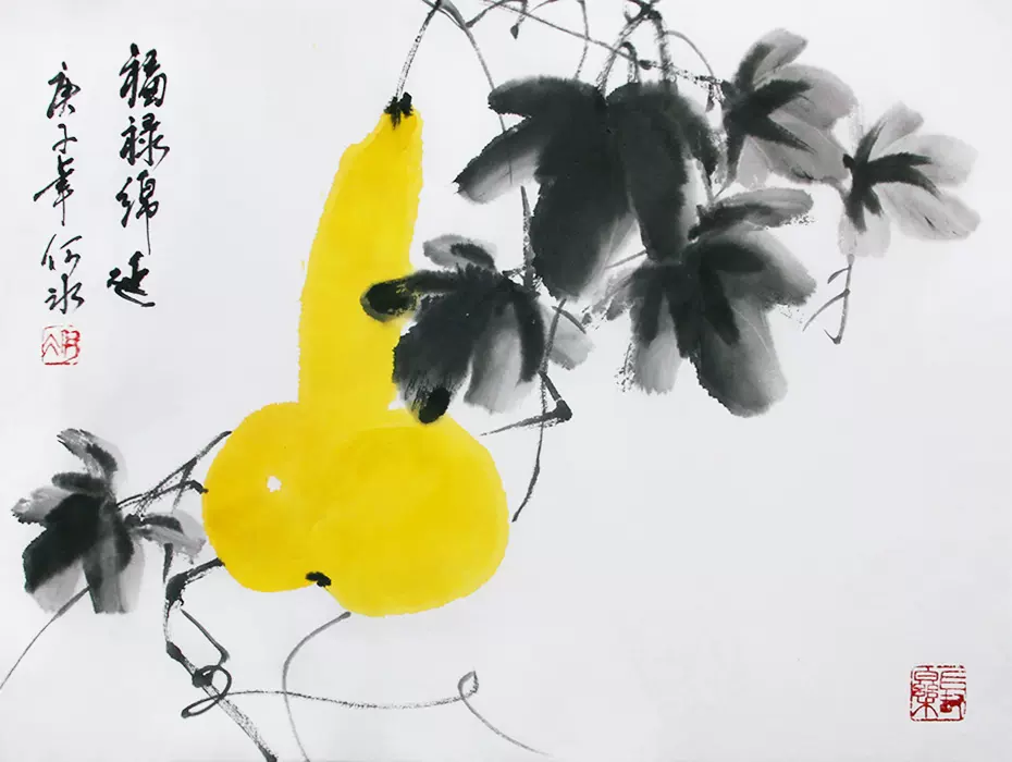 中国古美術・荷花鯉鱼図三尺画芯・啓功印款・水墨画・