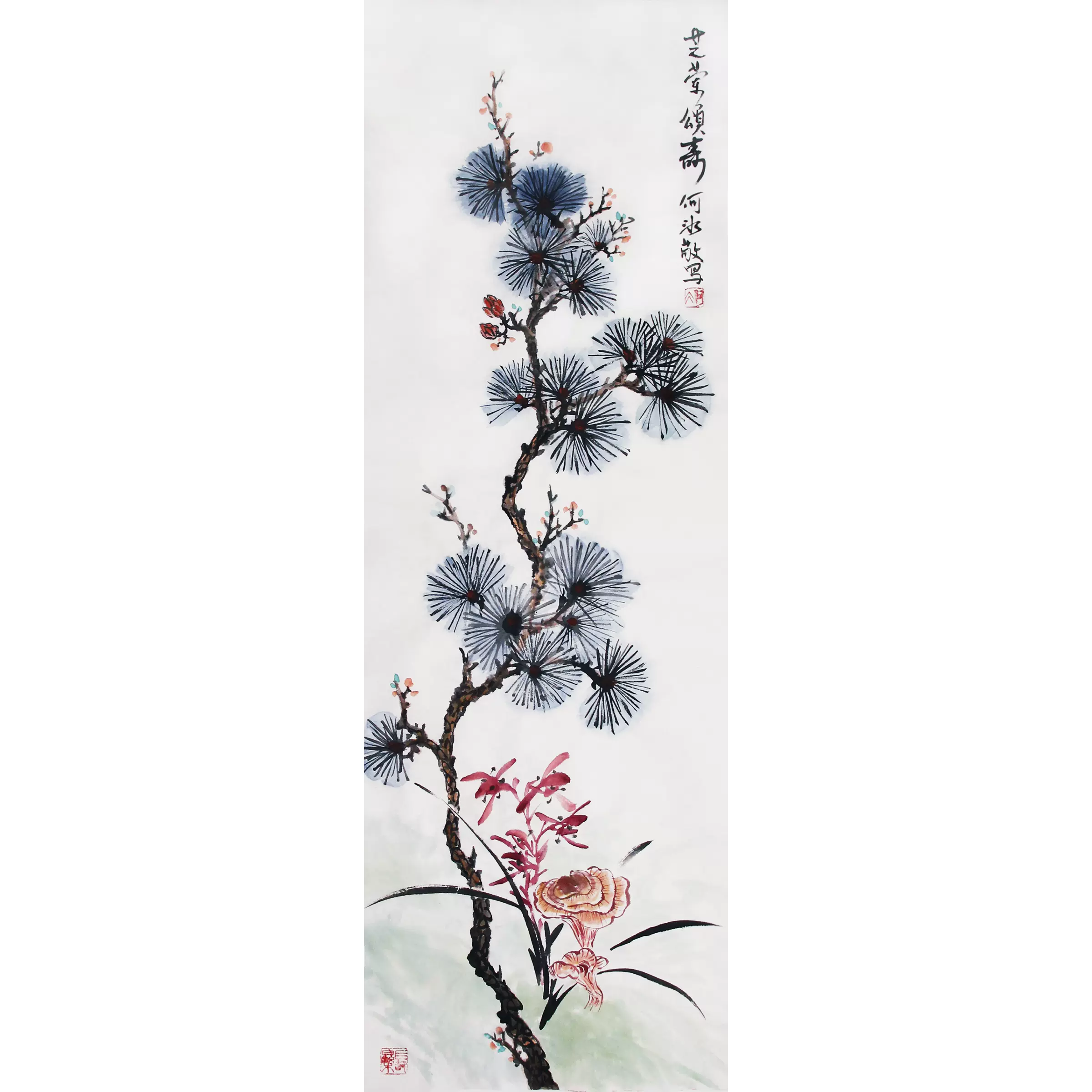 中国古美術・花卉図三尺画芯・朱軍印款・水墨彩色画・純