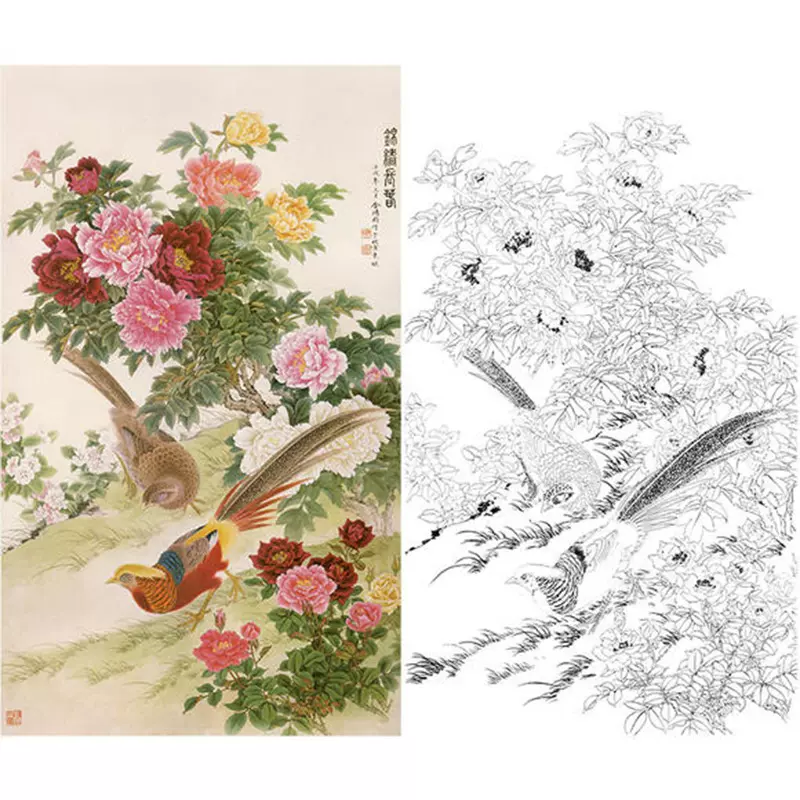 工筆畫底稿白描畫稿打印稿四尺牡丹花鳥66*111金鴻鈞錦繡長春JR10-Taobao 