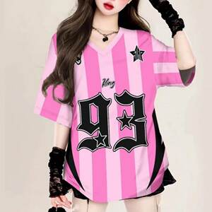 American retro pink striped short-sleeved T-shirt for women summer new loose bf lazy style top