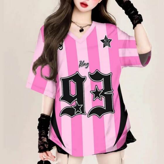 American retro pink striped short-sleeved T-shirt for women summer new loose bf lazy style top