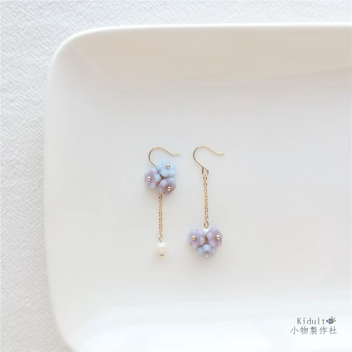 Kidult 紫阳花原创设计绣球花紫色花朵捷克珠少女不对称耳环耳夹