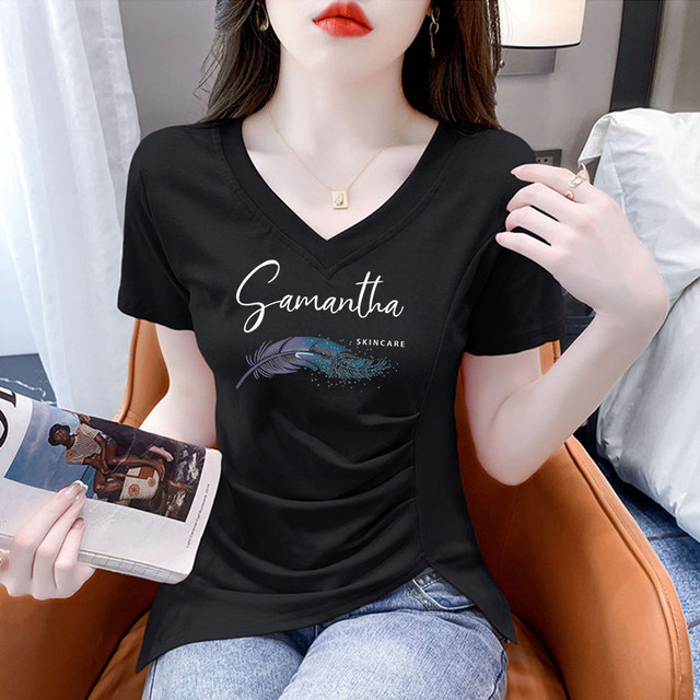 2024 New V Neck Short-sleeve Women Shirt Printed main image 0