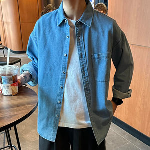 
Japanese retro light blue denim shirt men's long-sleeved layered top early spring wear commuting casual shirt jacket