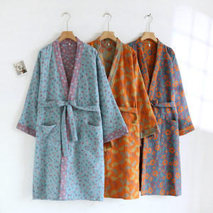 
Colored woven pure cotton gauze nightgown ladies spring and autumn cotton thin loose sweat steaming kimono bathrobe home clothes pajamas