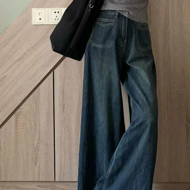 American retro wide-leg jeans for women in spring and autumn large size slightly fat mm high waist loose slim pear-shaped body pants trendy