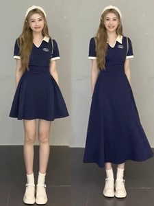 Large size polo collar dress for women in spring and summer new style slightly fat sister age-reducing waist A-line slimming college style long skirt
