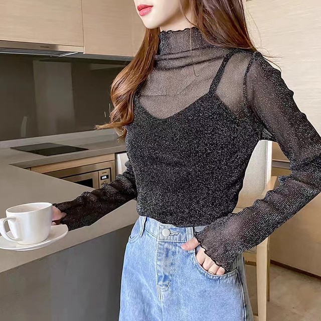 Large size fat girl turtleneck mesh base shirt for women in spring and autumn bright silk fashionable inner lace gauze top small shirt