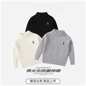 Half-turtleneck sweater for boys and girls, Korean style twist embroidered children's solid color fashionable thickened sweater for autumn and winter