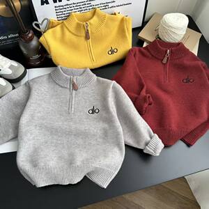 
Velvet/non-velvet half-zip round-neck sweater for boys and girls, children's pullover thick Korean style bottoming shirt