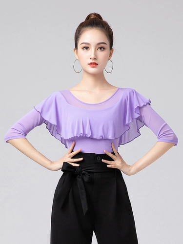 Современный танцевальный топ женский круглый шея новая танцевальная одежда Lotus Leaf Side Latin Dance Clothing осень и зимняя рубашка Petzerz