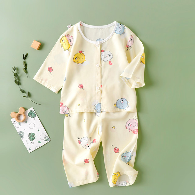 Summer male and female baby cotton silk cardigan suit pajamas baby ...