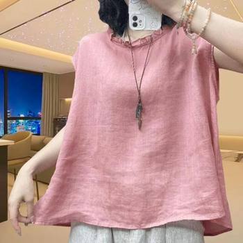 Summer large size loose solid color round neck sleeveless top linen T-shirt casual vest literary shirt for women