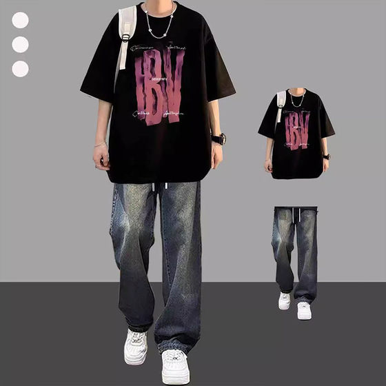 
American heavyweight T-shirt summer suit for boys pure cotton short-sleeved paired with trendy jeans handsome men's suit