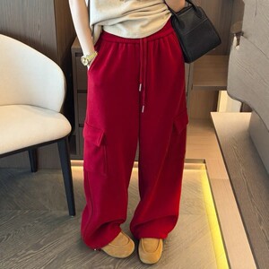 
American red sweatpants for women, velvet and thickened, winter new high-waisted loose casual sweatpants workwear wide-leg trousers