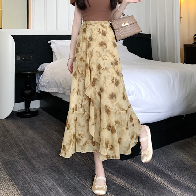 Ruffled floral skirt for women in summer 2025 new ink printing mid-length one-piece hip-pack chiffon skirt