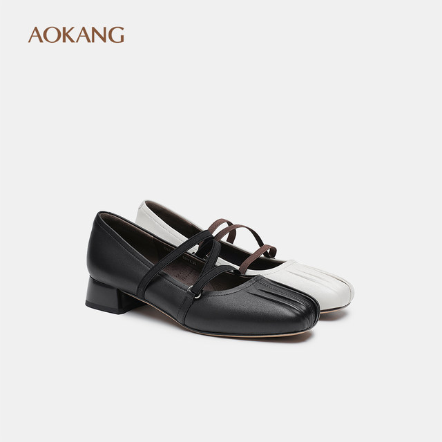 Aokang Women's Shoes 2025 Spring Mary Jane Famous Gold Madeline Heel Medium Heel Shoes Delivered in Store
