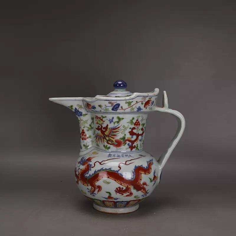 明・宣德年製款・青花・龍鳳紋・五彩・僧帽壺』極細工・置物・古