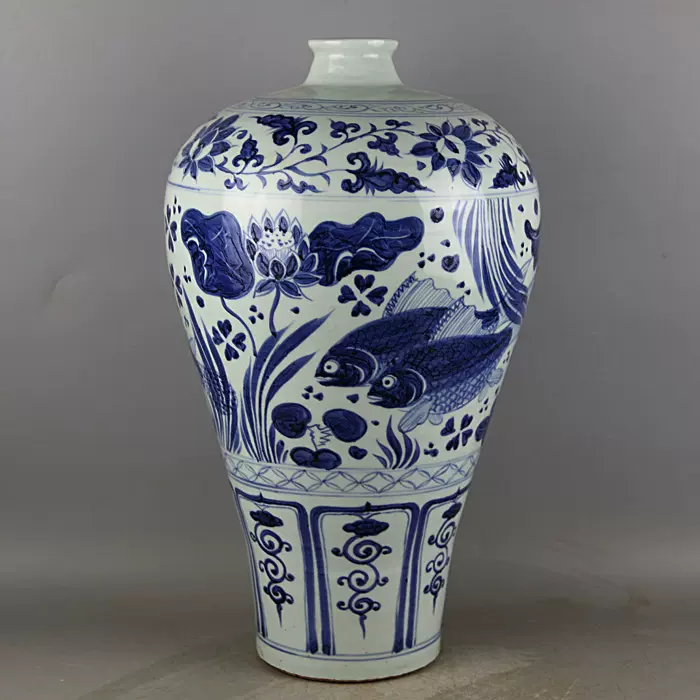 明・洪武年製款・古陶瓷品・青花・魚藻紋・梅瓶』極細工