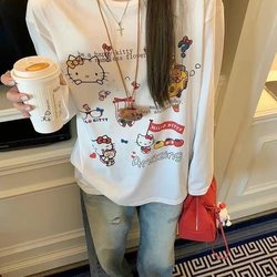 100% Pure Cotton Cute Cartoon Print Long-Sleeved Loose T-Shirt for Women, Spring and Autumn Design, Student Outerwear Top ins