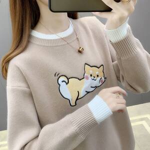 Autumn and winter plus thickened knitted warm sweater Student long -sleeved bottoming shirt embroidered loose large -scale slogan sweater female