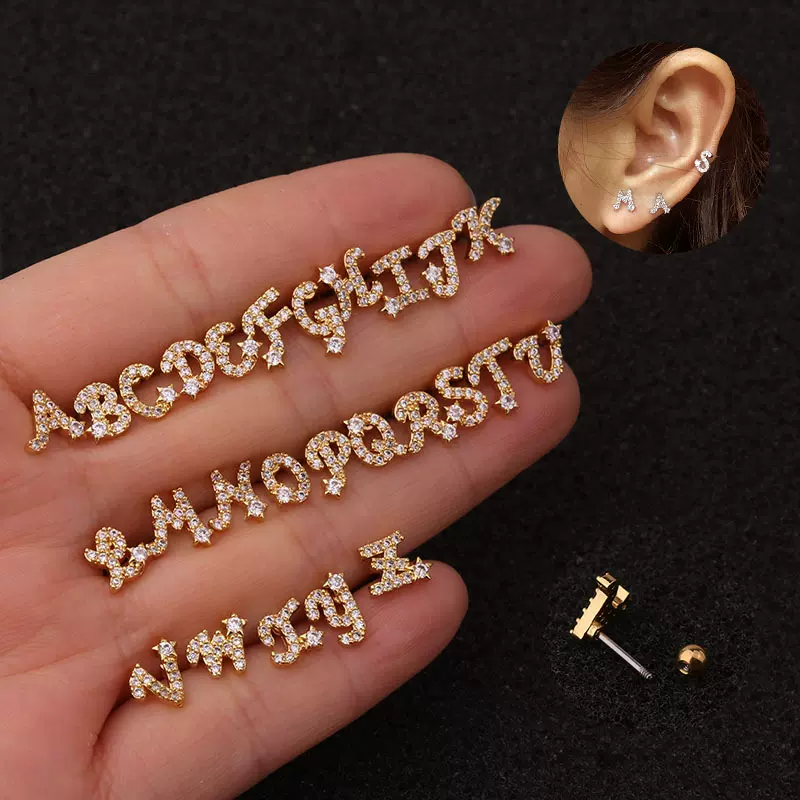 新品26个英文字母耳钉微镶锆石螺丝耳环女不锈钢耳骨钉潮piercing-Taobao