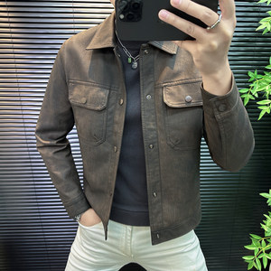 
2025 Autumn High-end European Men's Leather Jackets Fashion Trendy Men's Versatile Casual Lapel Leather Jacket Slim Style