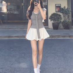 Early Spring Short-Sleeved Dress for Petite Women, Summer 2026 New Style, Miu-Style Outfit, White Floral Short Skirt Set