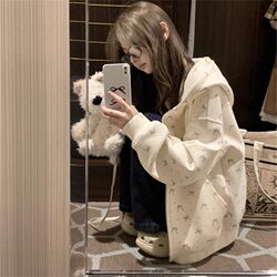 Milk Fufu Student Hooded Floral Sweatshirt Jacket for Women 2026 Spring Cardigan Zipper Loose Casual College Style Autumn and Winter