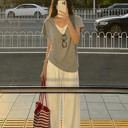 Women's Summer V-Neck Short-Sleeve T-Shirt with a Unique Design, Loose Fit, Slimming, and Casual Style