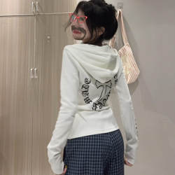 American Retro Printed Hooded Cardigan Sweatshirt for Women, Spring and Autumn Slim Fit, Slimming, Trendy Zipper Versatile Short Top