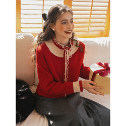 "beautiful Girl" All Wool Blend Lace Collar Colorblock Christmas And New Year Pullover Sweater