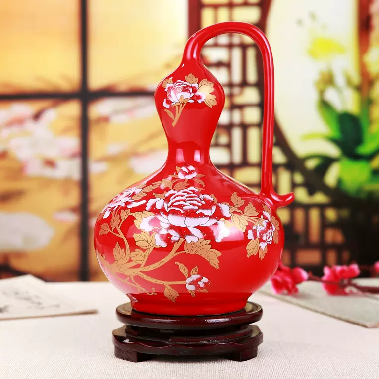 景德鎮陶瓷器中國紅牡丹花瓶風水葫蘆花瓶新房擺設喜慶結婚禮品