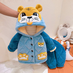 Winter Baby Pajamas for Ages 0-3, Thickened Version, Boys' Fleece-Lined and Quilted Home Wear, Open-Crotch Separate Set