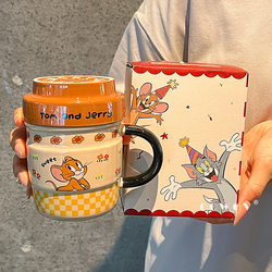 Mug with Lid, High Aesthetic Value, New Office Style, Birthday Gift, Ceramic Cup, Coffee Cup, Home Use, Couple's Cat and Mouse Design