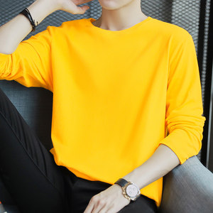 Pure color long -sleeved T -shirt men in autumn and winter bottoming shirts round neck loose trendy yellow autumn clothing
