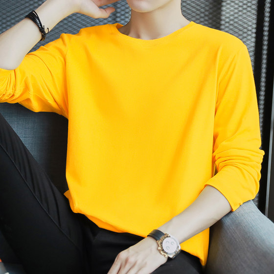 Pure color long -sleeved T -shirt men in autumn and winter bottoming shirts round neck loose trendy yellow autumn clothing
