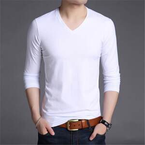 Men's long-sleeved T-shirt, chicken heart V-neck base shirt, peach tip collar top, solid color autumn clothes, loose sweat shirt, versatile underwear
