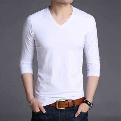Men's long-sleeved T-shirt, chicken heart V-neck base shirt, peach tip collar top, solid color autumn clothes, loose sweat shirt, versatile underwear
