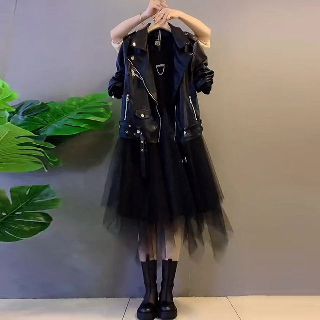 Fat Sister Trendy 2021 Autumn New Large Size Women's Loose Jacket Leather Jacket Metal Base Mesh Dress